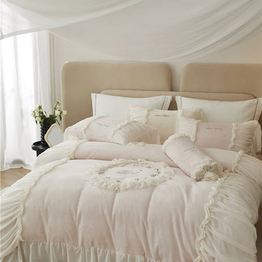 Pink Pleat Chiffon Swan Flowers Embroidery Velvet Fleece Wedding Duvet Cover Bedding Set
